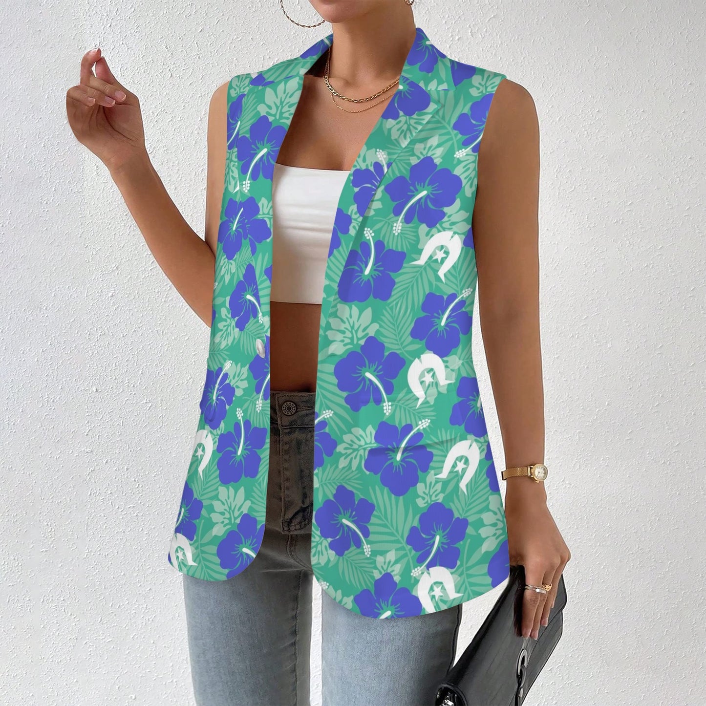 Royal Blue Hibiscus flowers with Dhari on vest Women Sleeveless Suit Vest