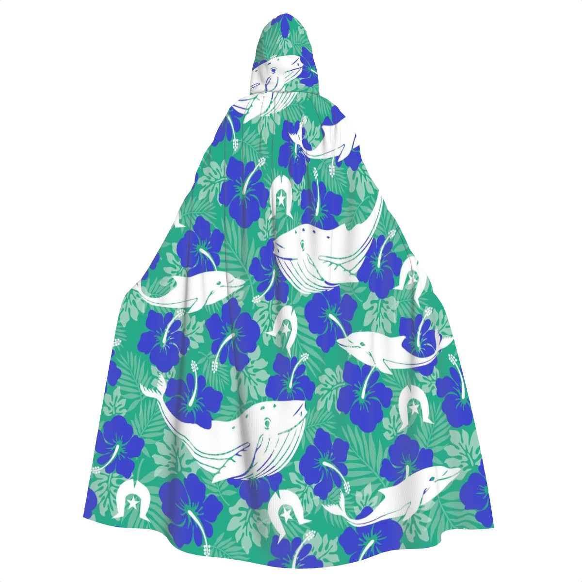 Royal Blue Hibiscus flowers with Whale, Dolphin and Dhari on Hooded Cloak