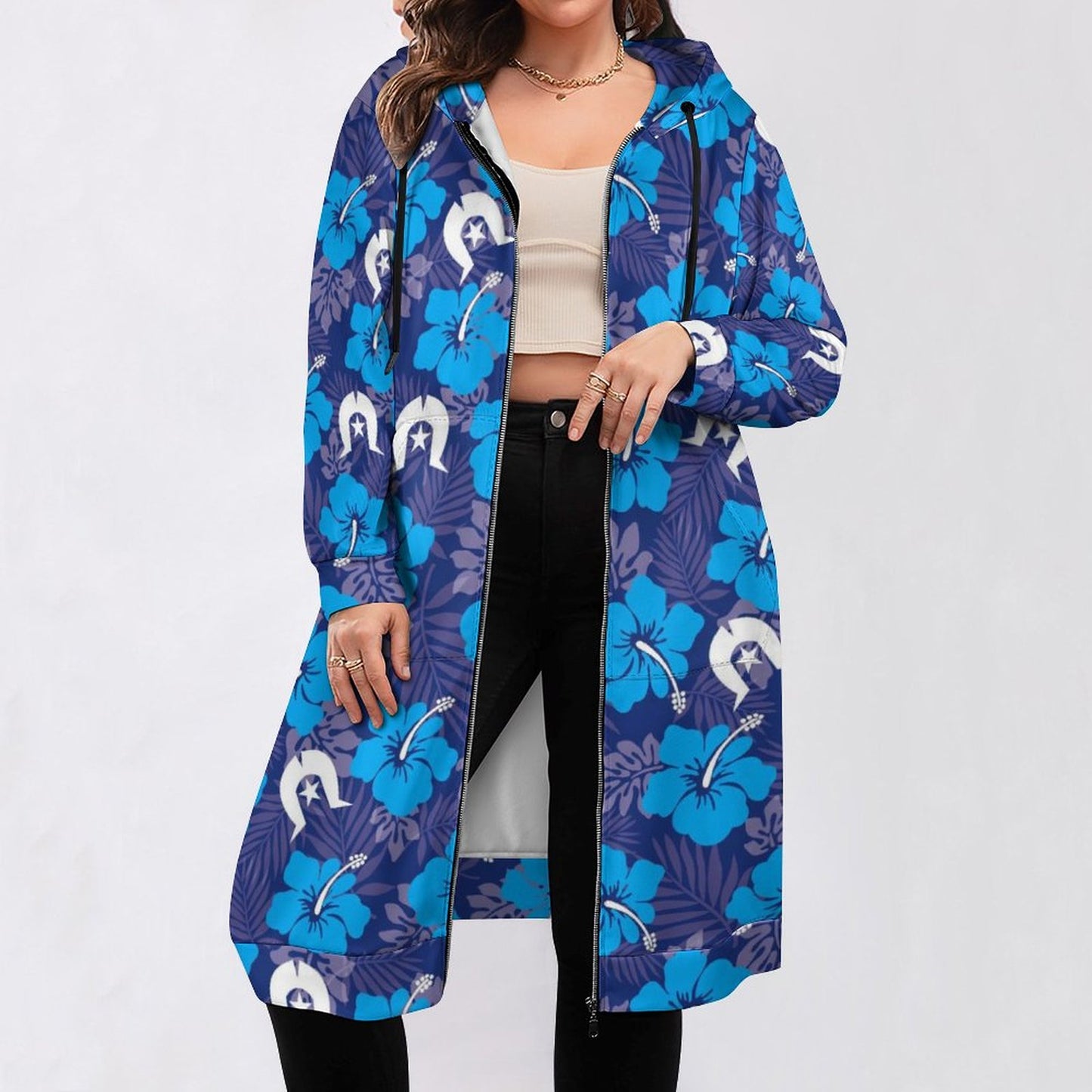 Hibiscus flowers with White Dhari (Royal blue) on Hooded Sweatshirt Dress