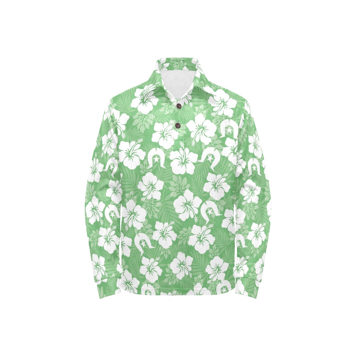 White Hibiscus and Dhari (Green) on Little Boys' Long Sleeve Polo Shirt