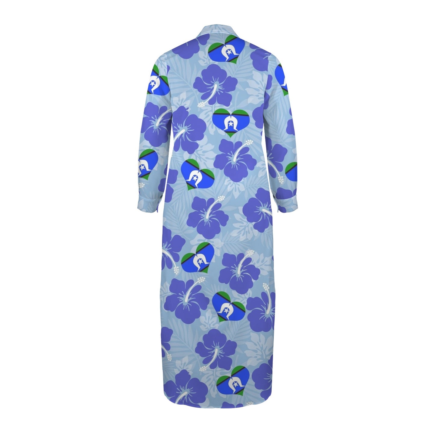Hibiscus flowers with Torres Strait Heart Flag on Button Long Sleeve Shirt Dress