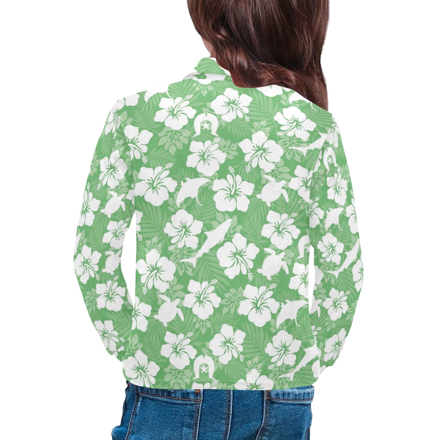 White hibiscus flowers with Dhari, Shark, turtle, and stingray (Green) on Little Girls' Long Sleeve Polo Shirt