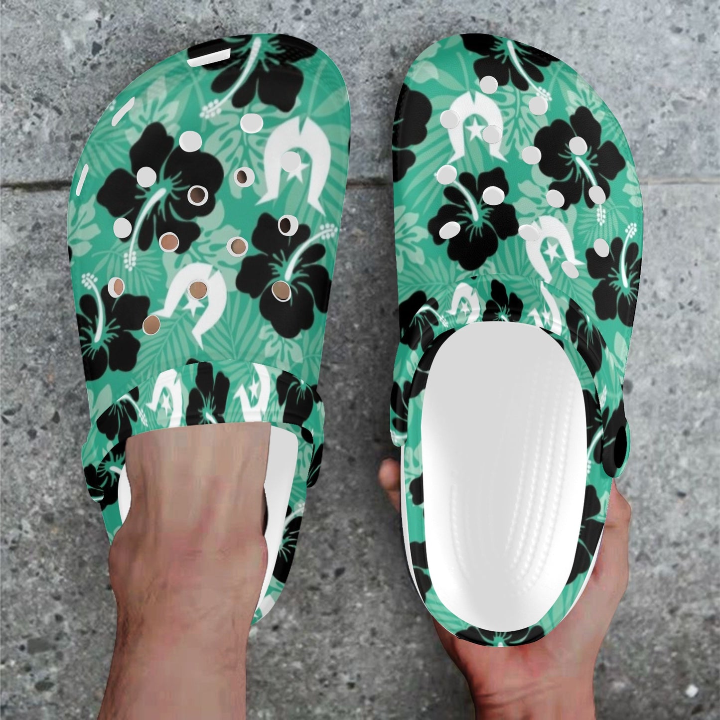 Black Hibiscus with White Dhari on Adults Clogs