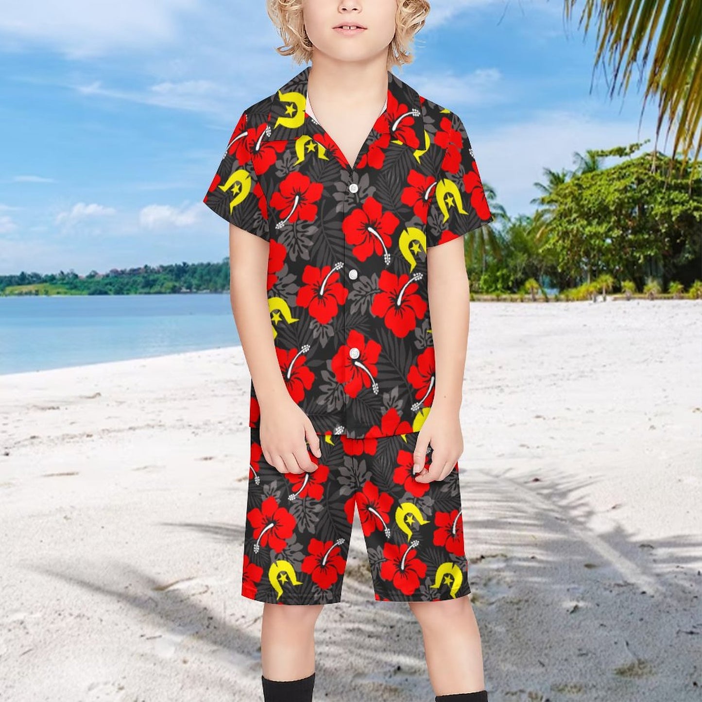 Royal Red Hibiscus with Yellow Dhari on Youth's/Kid's Casual Beach Outfit