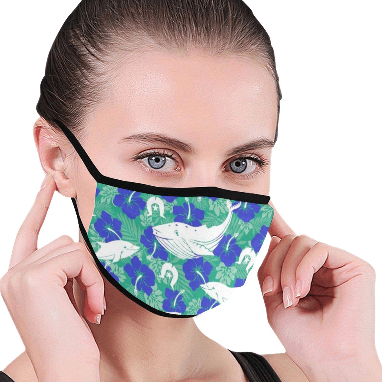 Royal Blue Hibiscus flowers with Whale, Dolphin and Dhari on Fabric facemask (30 PCS Filters Included)