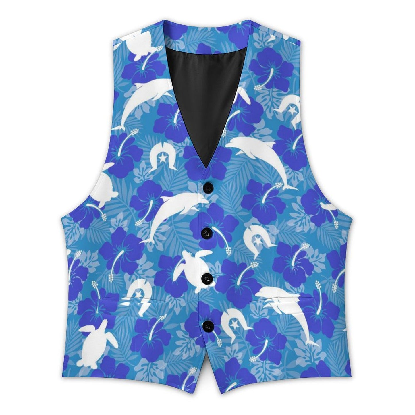 White Hibiscus flowers with Dolphin, Turtle and Dhari (Royal blue) on Men's Sleeveless Suit Vest