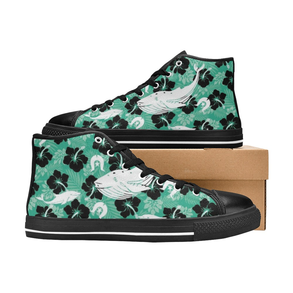 Black Hibiscus with Whale, Dolphin and Dhari on Women's High Top Canvas Shoes
