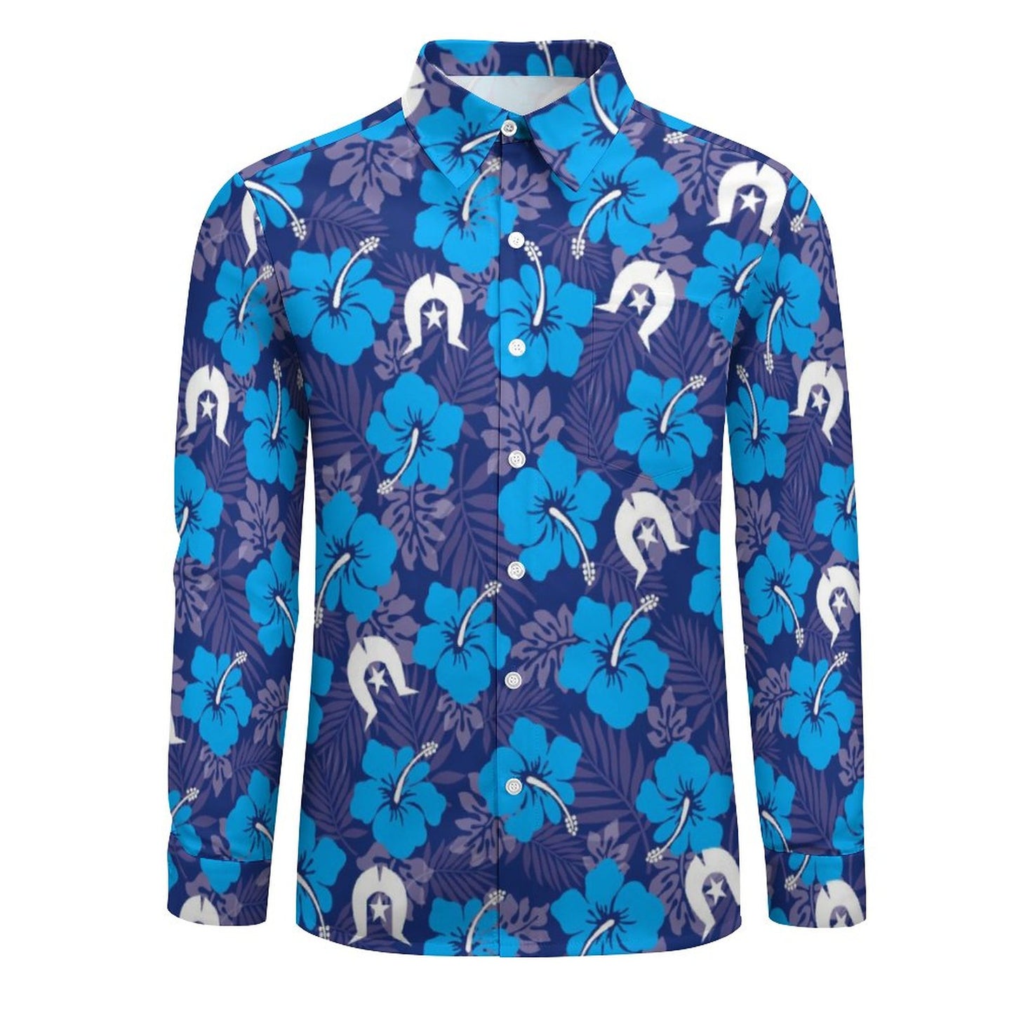 Hibiscus flowers with White Dhari (Royal blue) on Men's Long Sleeve Shirt