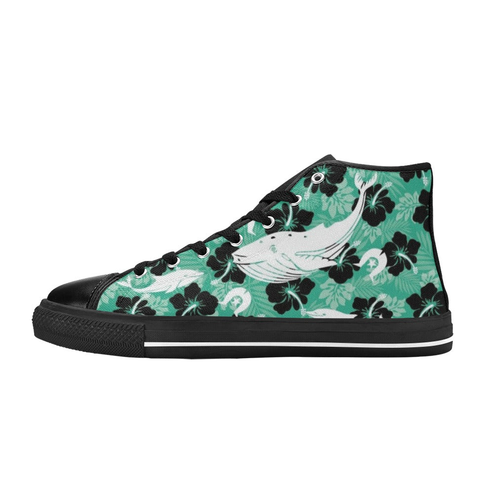 Black Hibiscus with Whale, Dolphin and Dhari on Women's High Top Canvas Shoes
