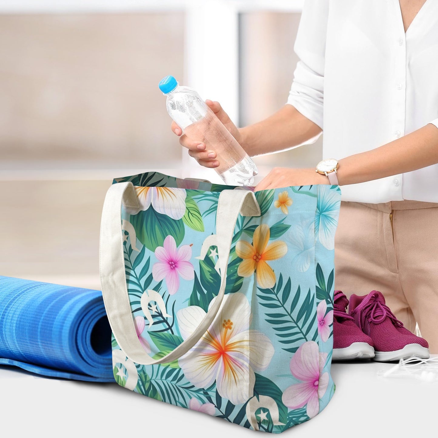 White Hibiscus flowers with White Dhari on Yoga Mat Bag
