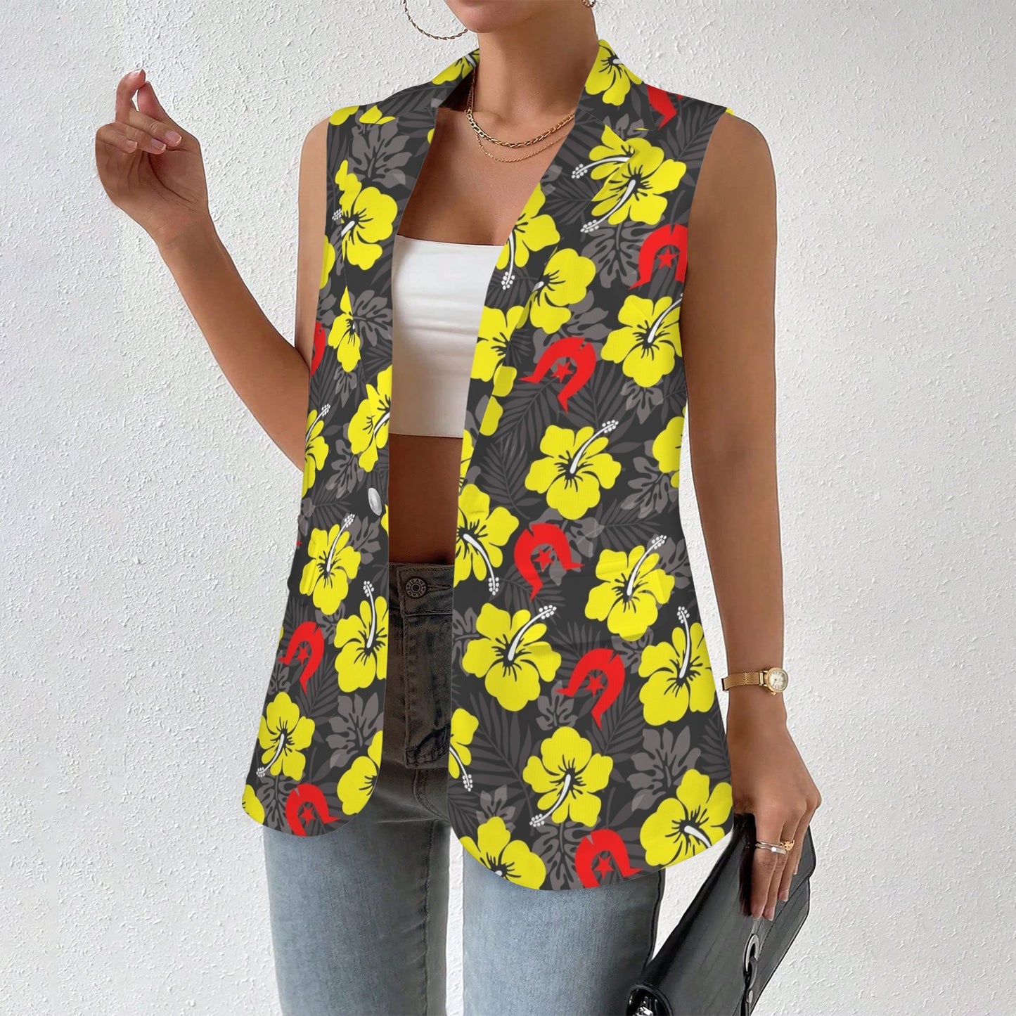 Royal yellow Hibiscus with Red Dhari on Women Sleeveless Suit Vest
