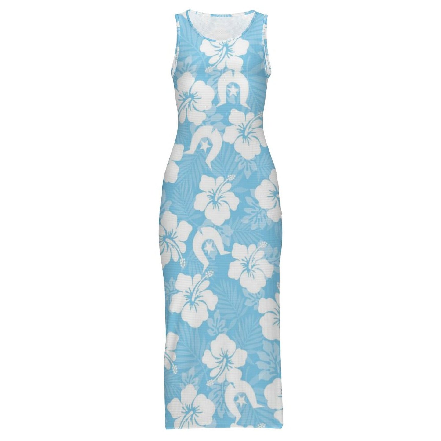 White Hibiscus and Dhari (blue) on 180gsm Slit Fitted Camisole Cheongsam