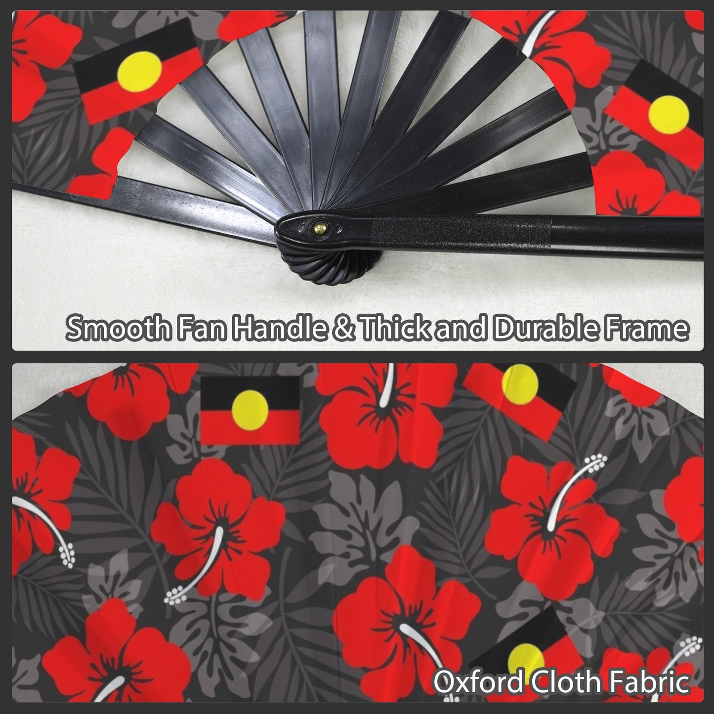 Royal Red Hibiscus and Aboriginal flag on Folding Clack Fan