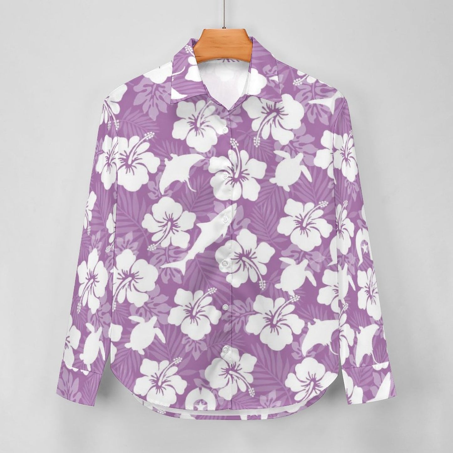 White hibiscus flowers with Dhari, Shark, turtle, and stingray (Purple) on Women's Flower Blouse Long Sleeve