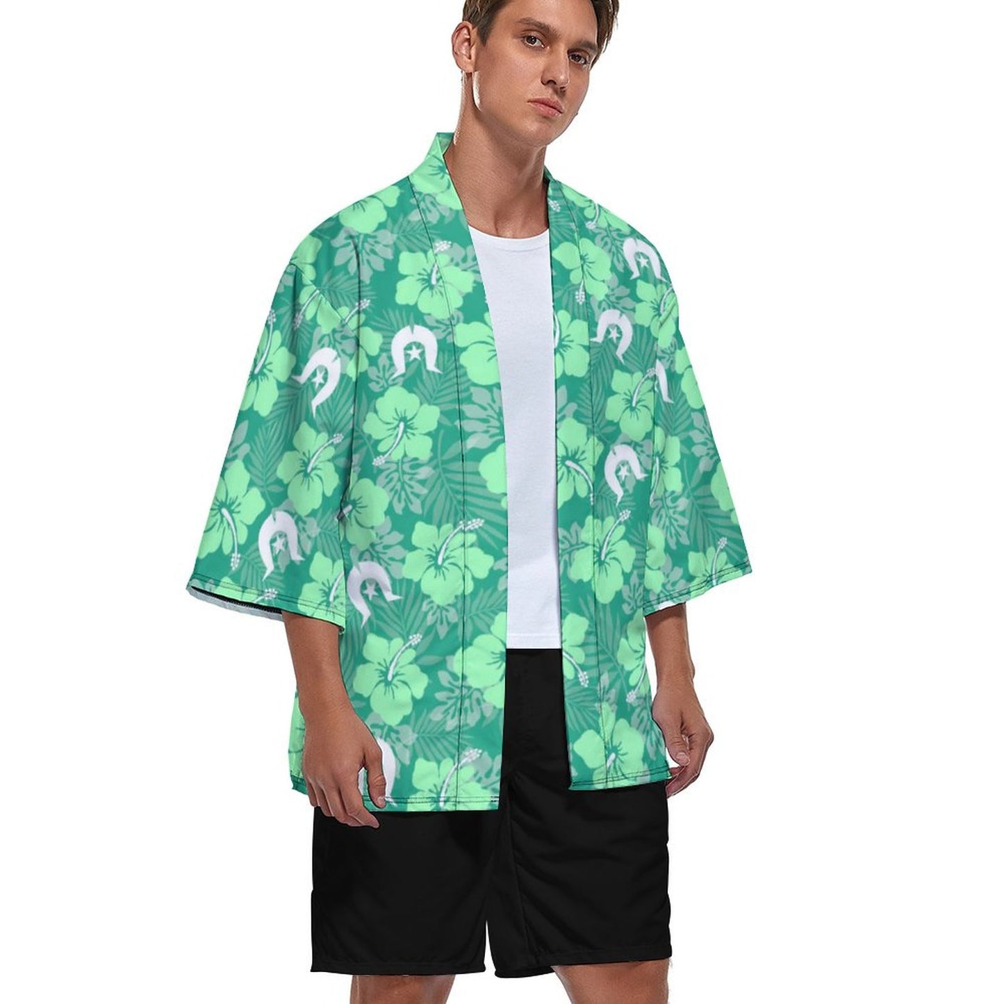 Hibiscus flowers with Dhari (Royal mint) on Drop Shoulder Male Kimono Cardigan