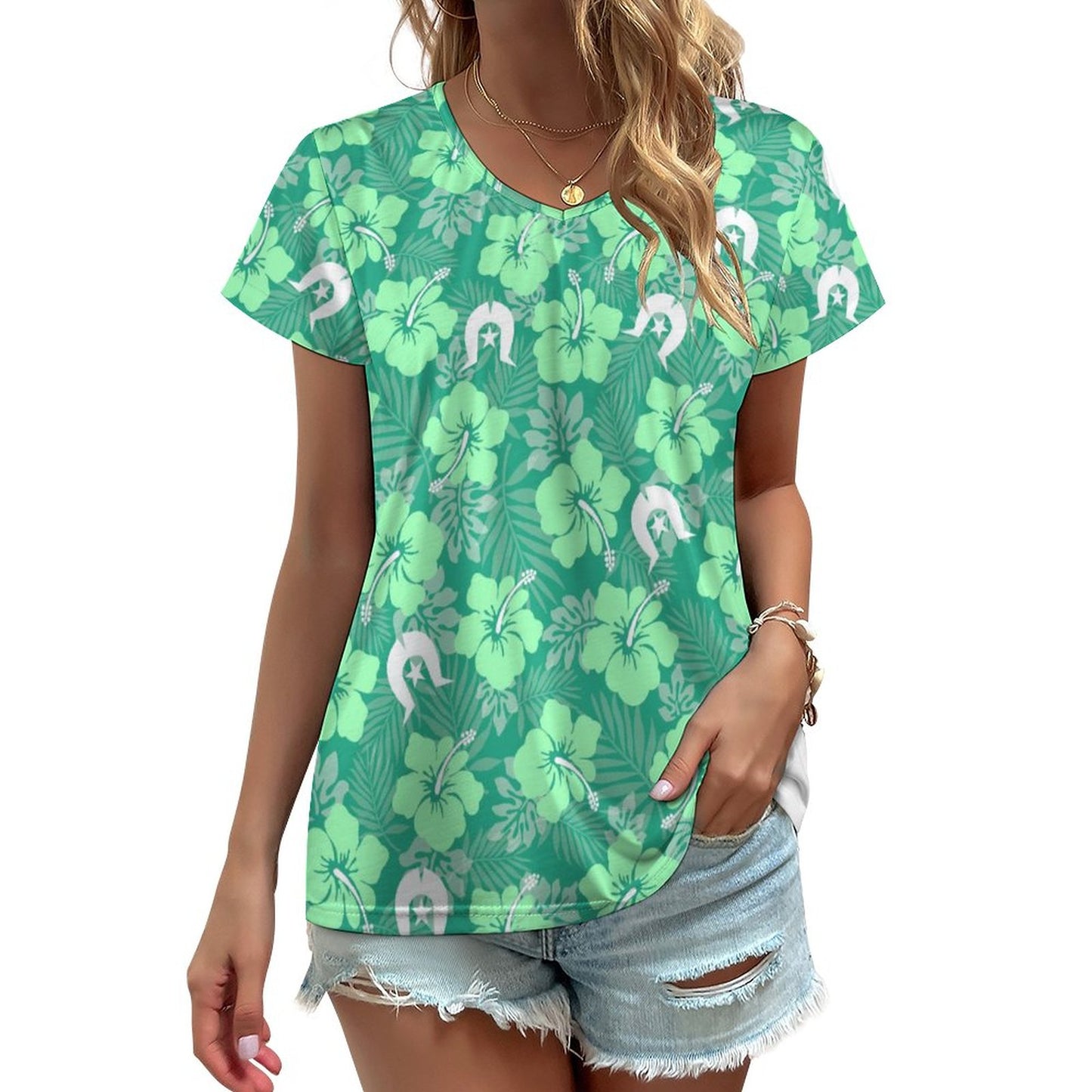 Hibiscus flowers with Dhari (Royal mint) on V-neck Short Sleeve T-Shirt