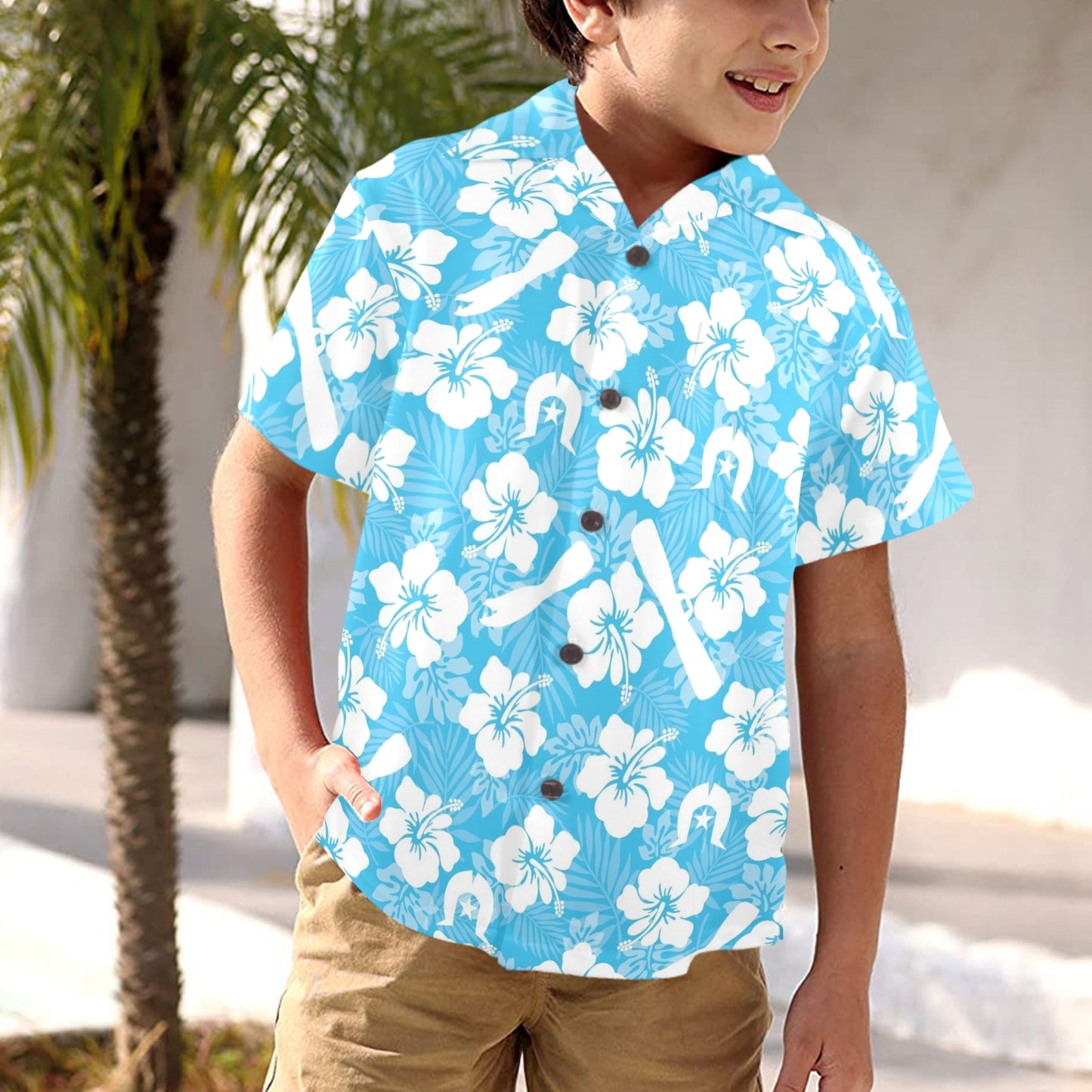 White Hibiscus flowers, Warup and Dhari (Blue) on Little Boys' Hawaiian Shirt