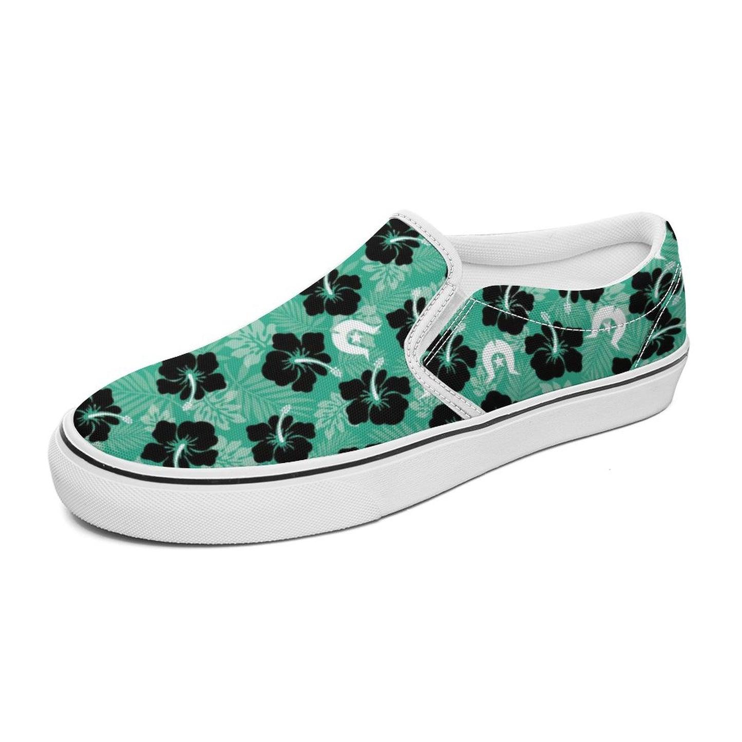 Black Hibiscus with White Dhari on Canvas Shoes for Teenagers