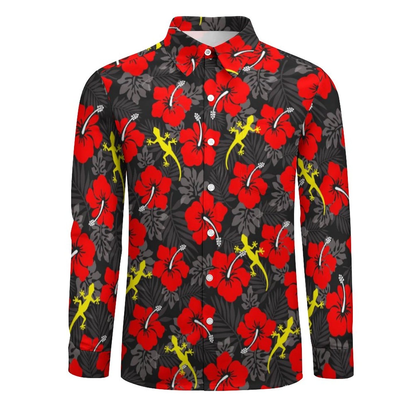 Royal Red Hibiscus flowers with Gecko on Men's Long Sleeve Shirt