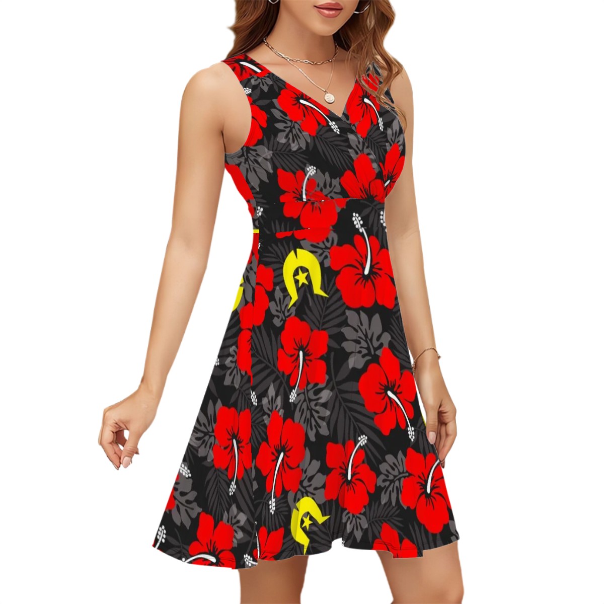 Royal Red Hibiscus with Yellow Dhari on Sleeveless V Neck Dress