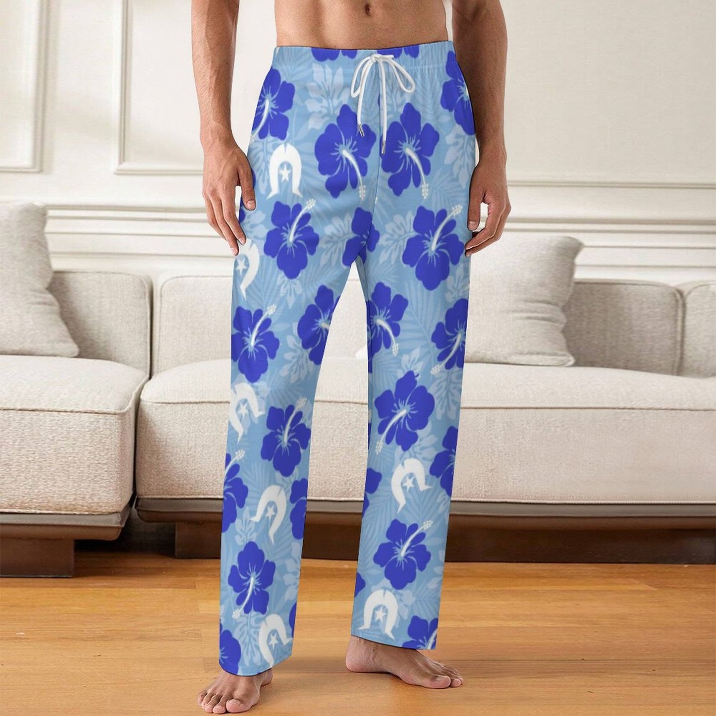 Hibiscus flowers with White Dhari (Sky blue) on Cotton Loose Loungewear Pants for Men