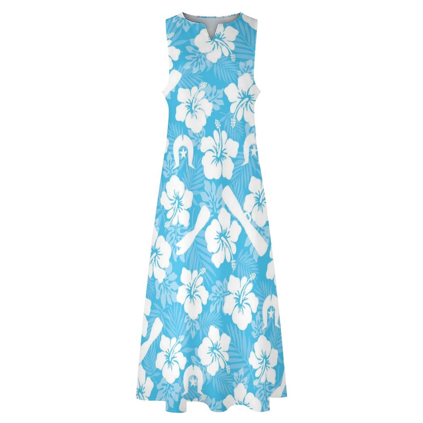 White Hibiscus flowers, Warup and Dhari on Sleeveless Ankle-length Dress
