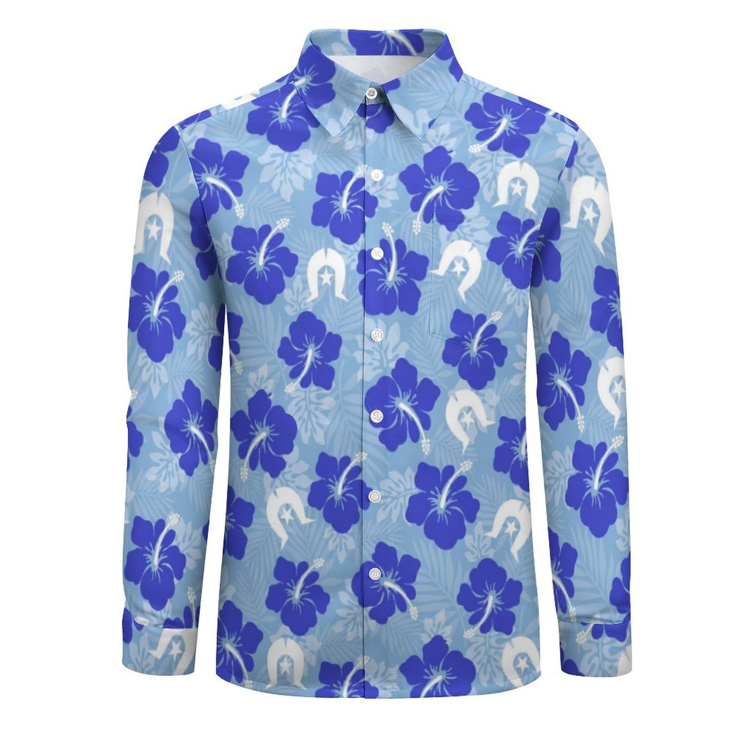 Hibiscus flowers with White Dhari (Sky blue) on Men's Long Sleeve Shirt