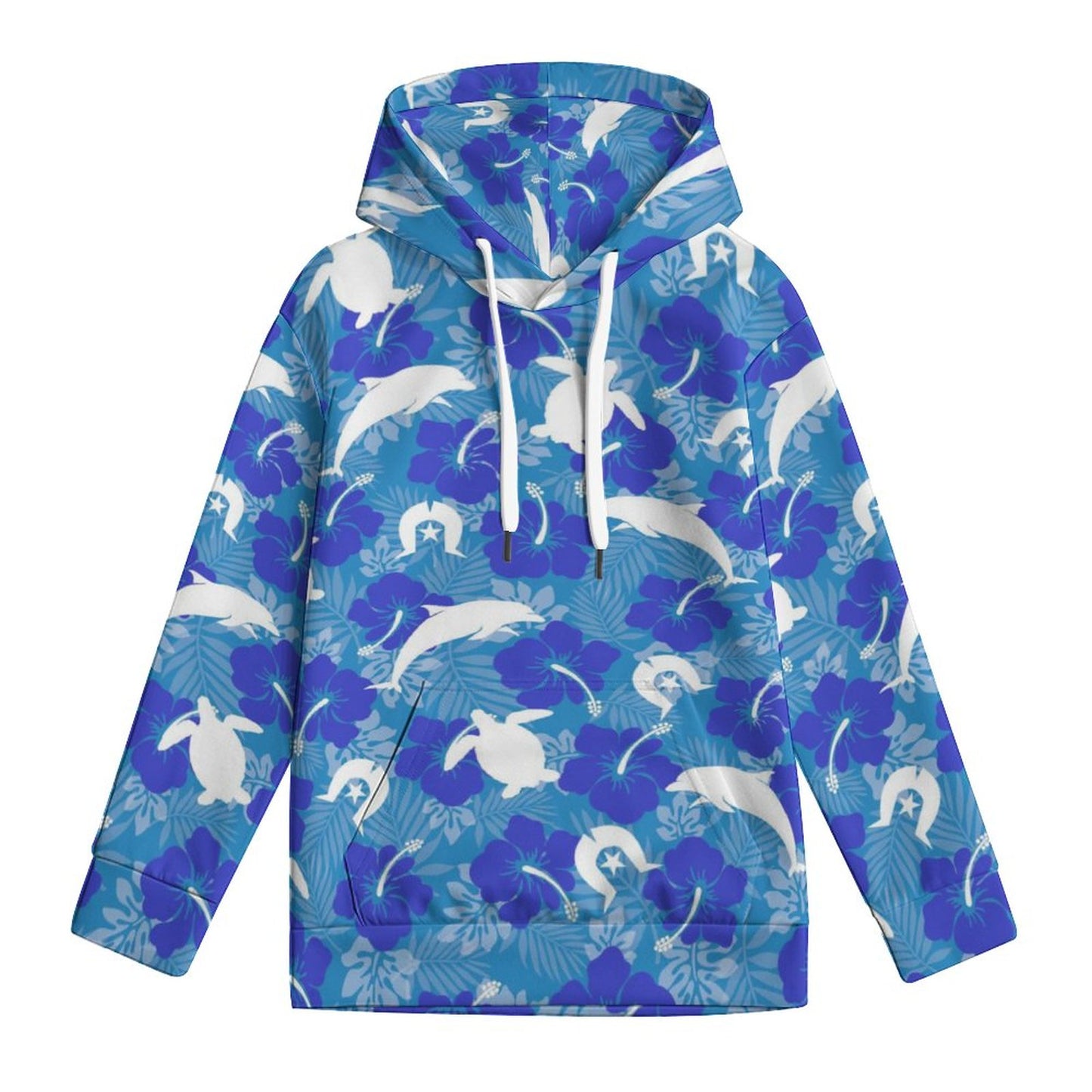 White Hibiscus flowers with Dolphin, Turtle and Dhari (Royal blue) on Youth's Hoodie