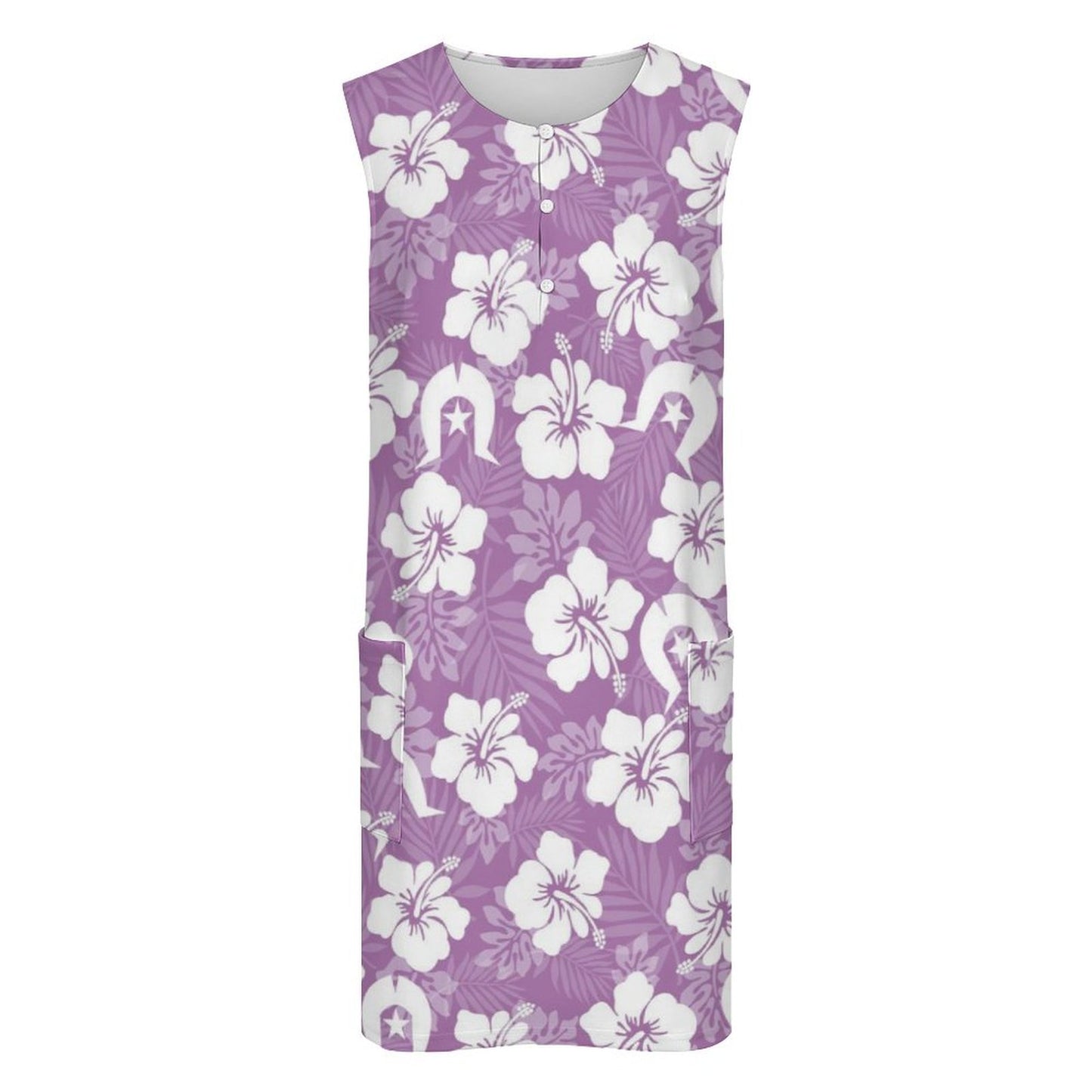 White Hibiscus and Dhari (Purple) on Sleeveless Pocket Dress