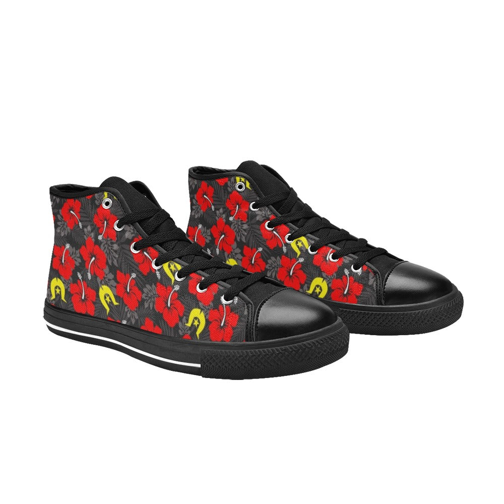 Royal Red Hibiscus with Yellow Dhari on Women's High Top Canvas Shoes