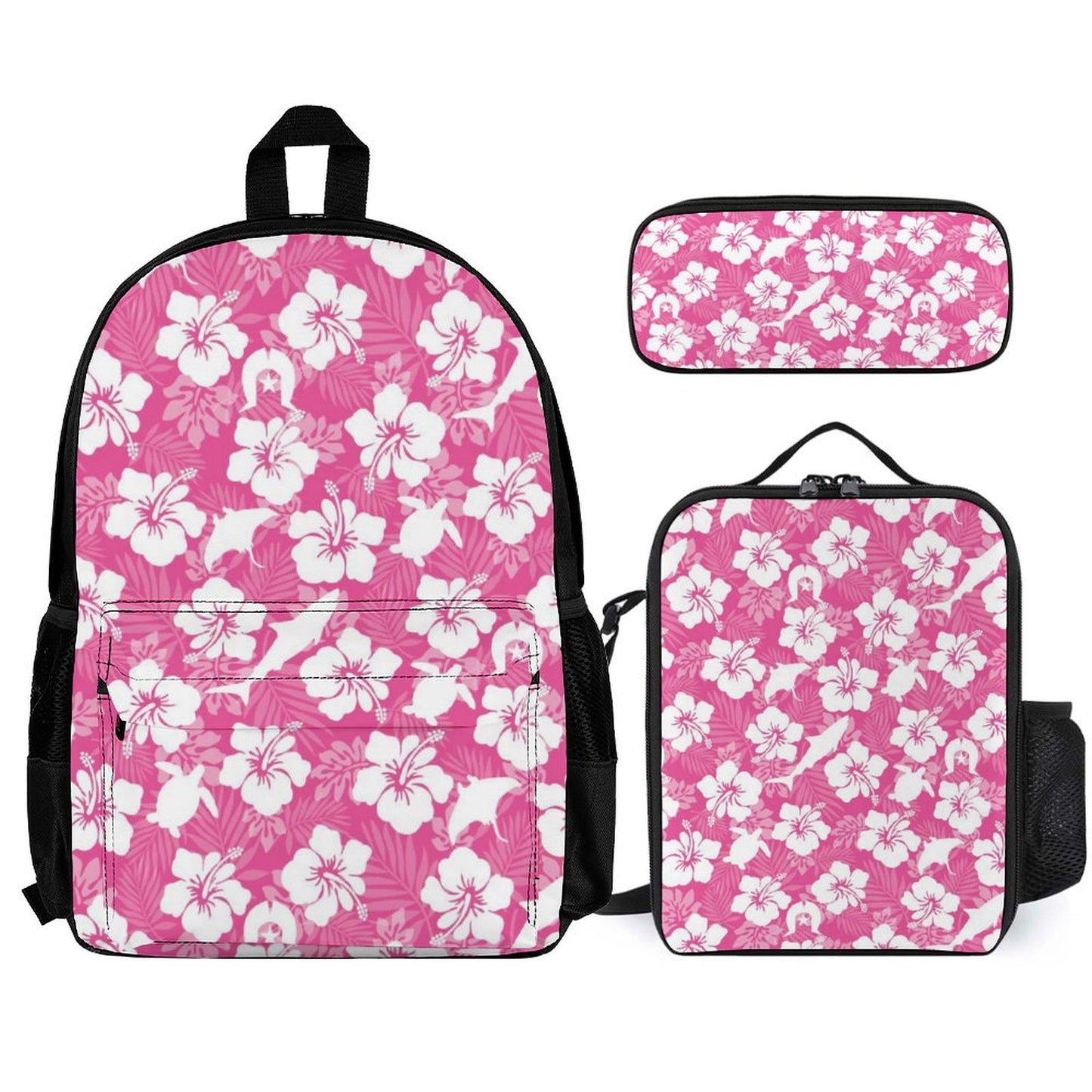 White hibiscus flowers with Dhari, Shark, turtle, and stingray (Pink) on Set of 3 Bags (Shoulder Bag Lunch Bag & Pencil Pouch)