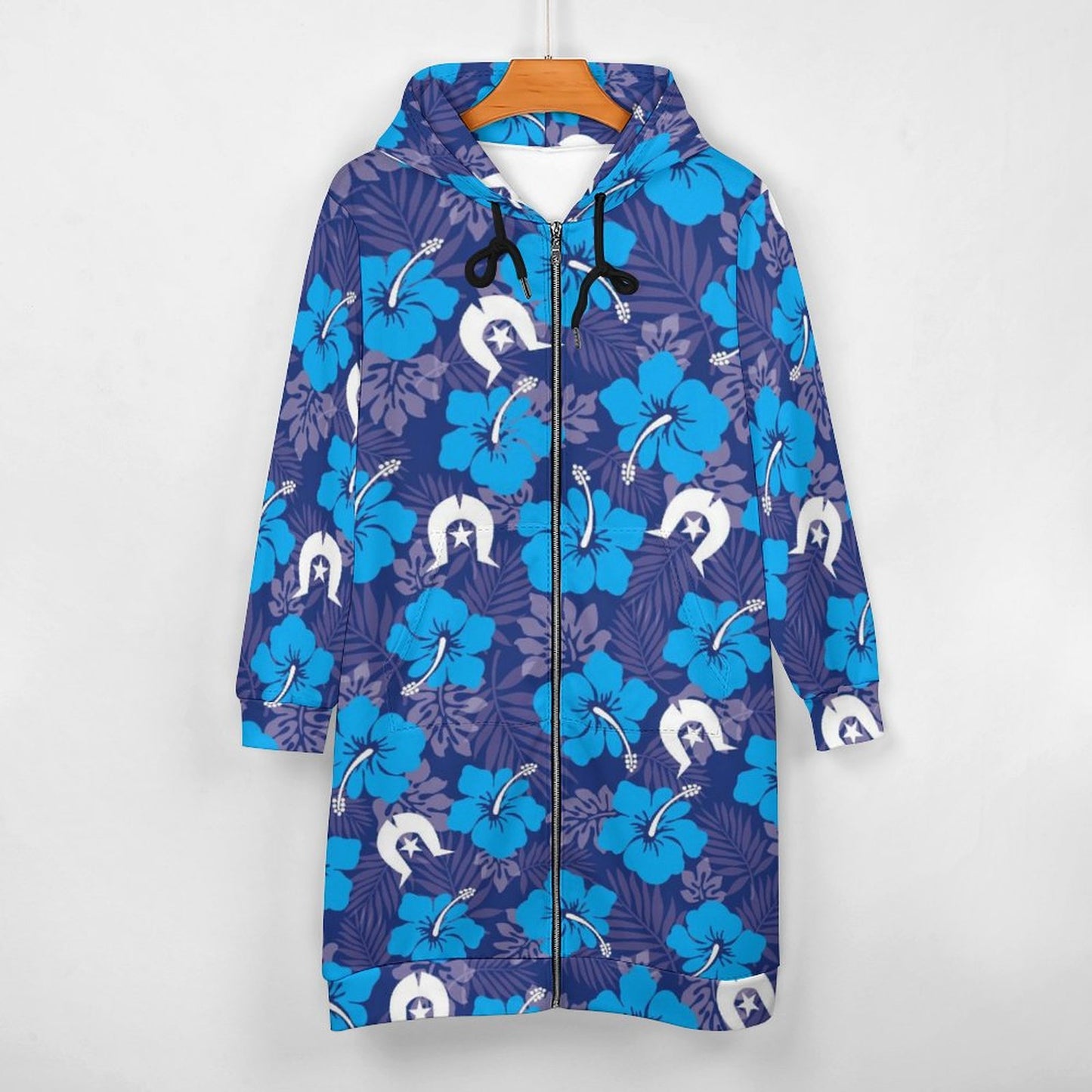 Hibiscus flowers with White Dhari (Royal blue) on Hooded Sweatshirt Dress