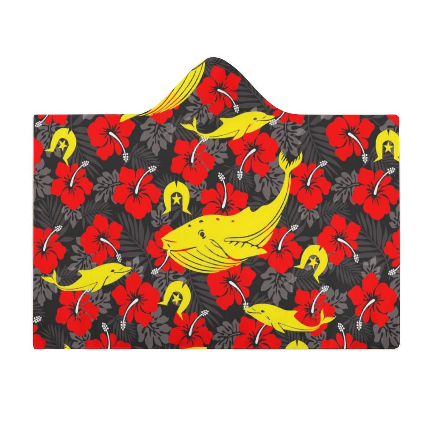 Royal Red Hibiscus with Yellow Dhari, Whale and Dolphin on Cloak Hooded Blanket 40"×50"