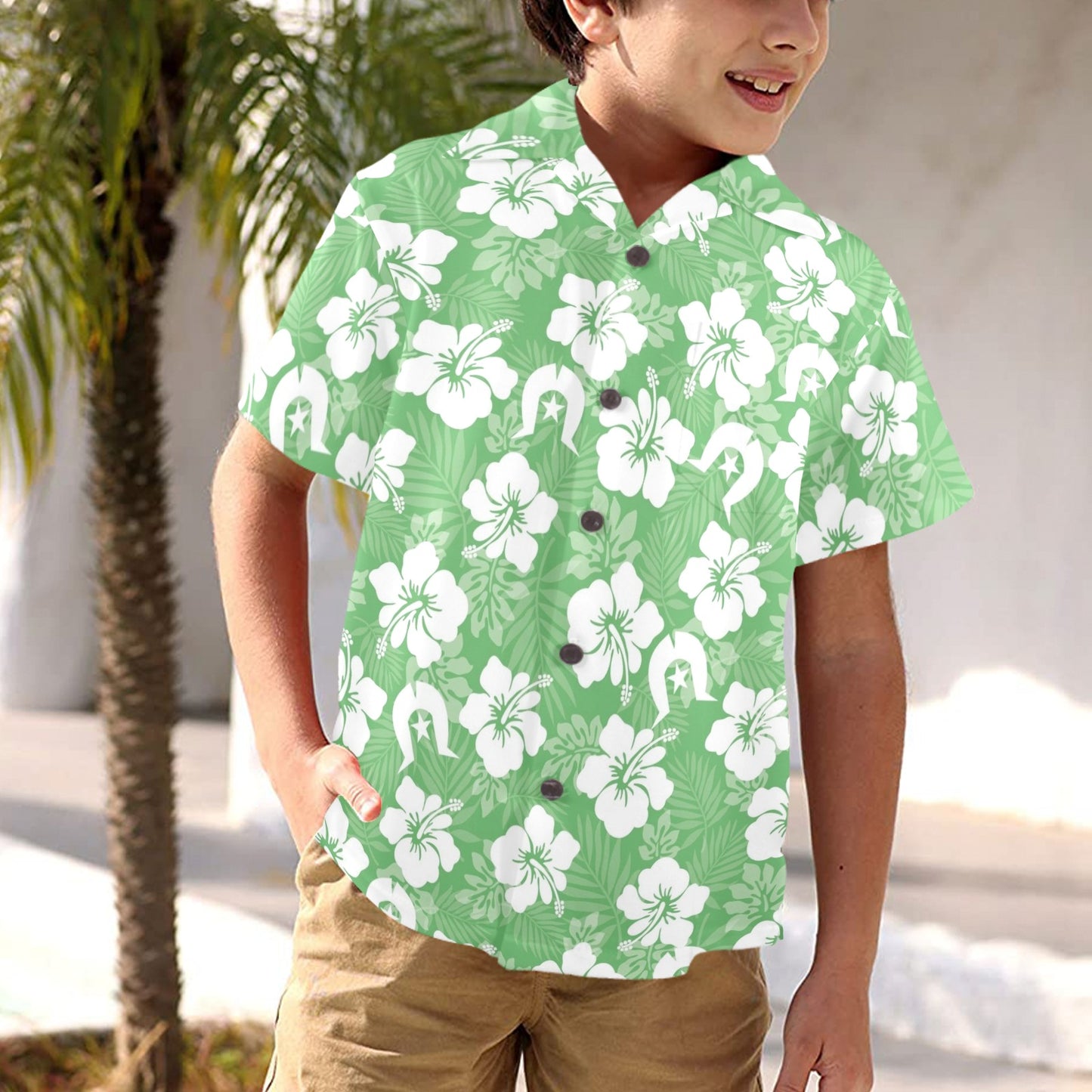 White Hibiscus and Dhari (Green) on Little Boys' Hawaiian Shirt
