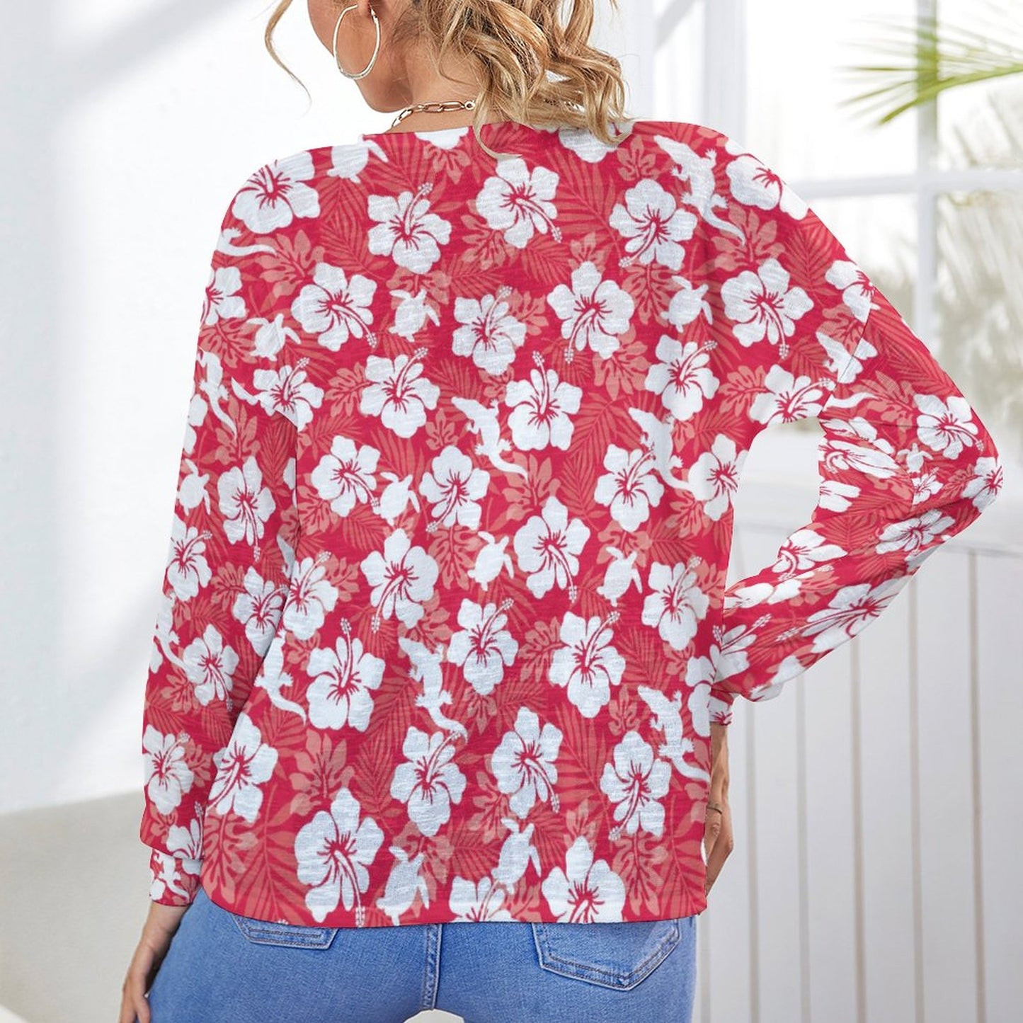 White Hibiscus flowers with Crocodile and Turtle on Long Sleeve Drop Shoulder Open Shirt
