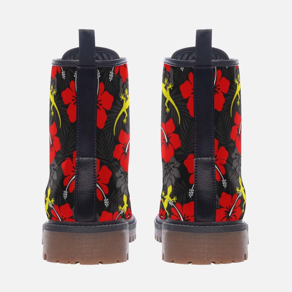 Royal Red Hibiscus flowers with Gecko on Casual Leather Lightweight Boots