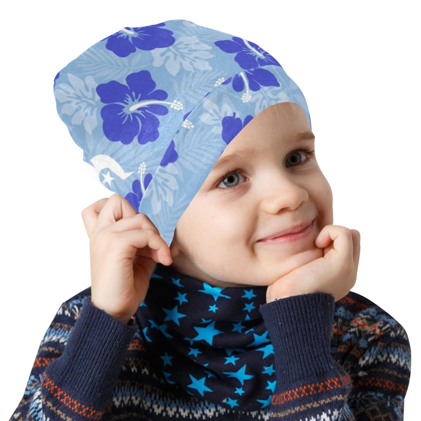 Hibiscus flowers with White Dhari (Sky blue) on Beanie for Kids
