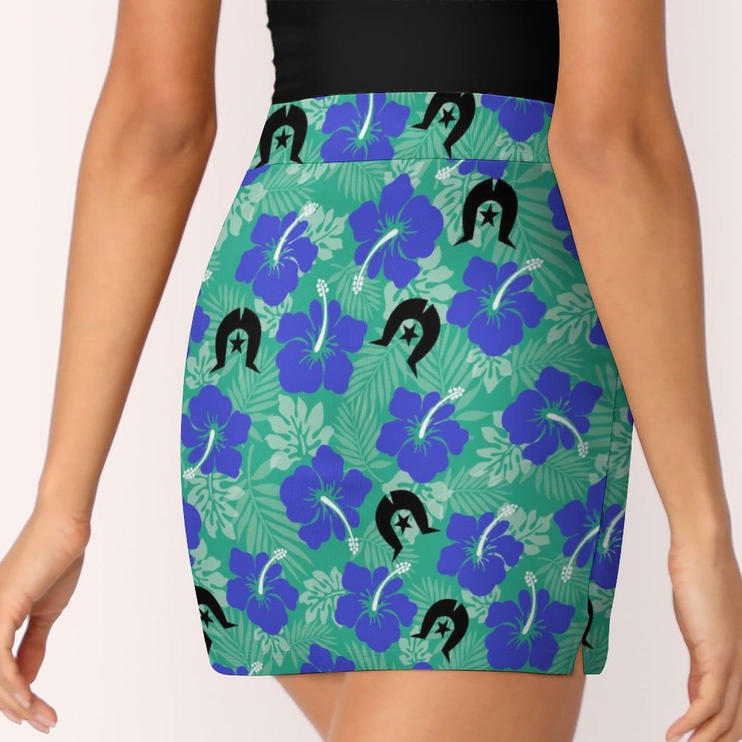 Royal Blue Hibiscus flowers with Black Dhari on Anti-peep Skort with Pocket AMQ