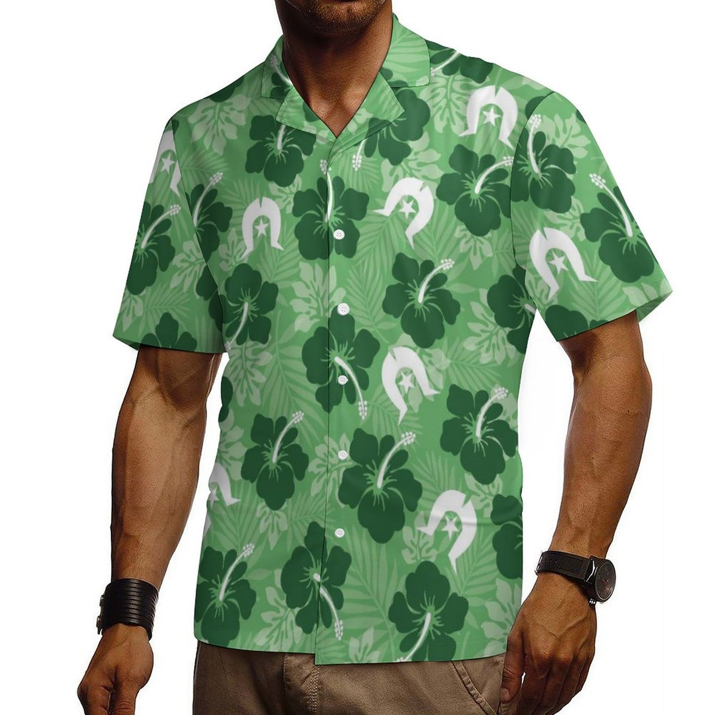 Hibiscus flowers with White Dhari (Sea Grass Green) on Cotton Men's Cuban Collar Short-Sleeve Shirt