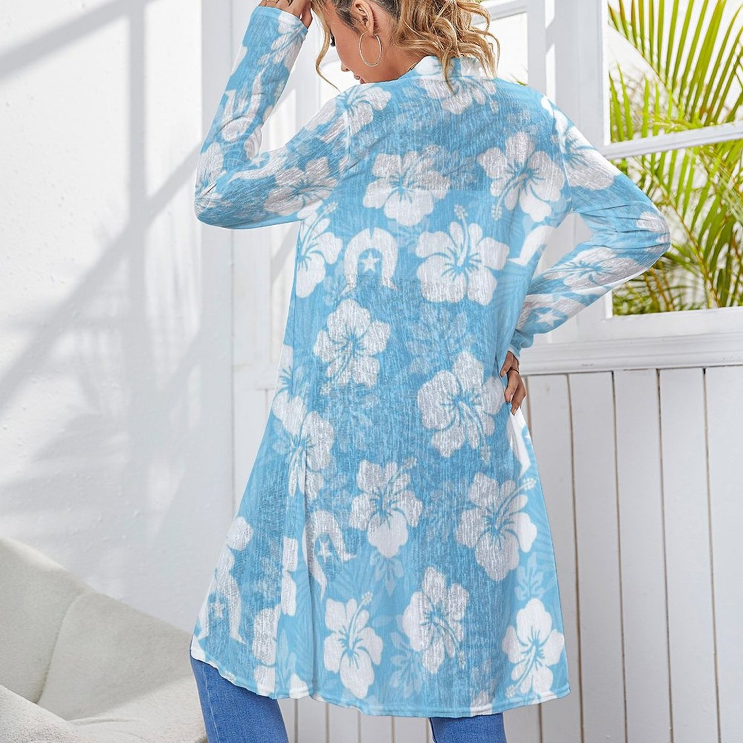 White Hibiscus and Dhari (blue) on Women's Mid-length Cardigan