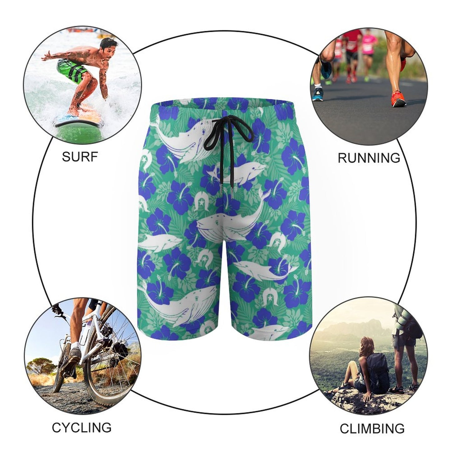 Royal Blue Hibiscus flowers with Whale, Dolphin and Dhari on Kid's Beach Pants