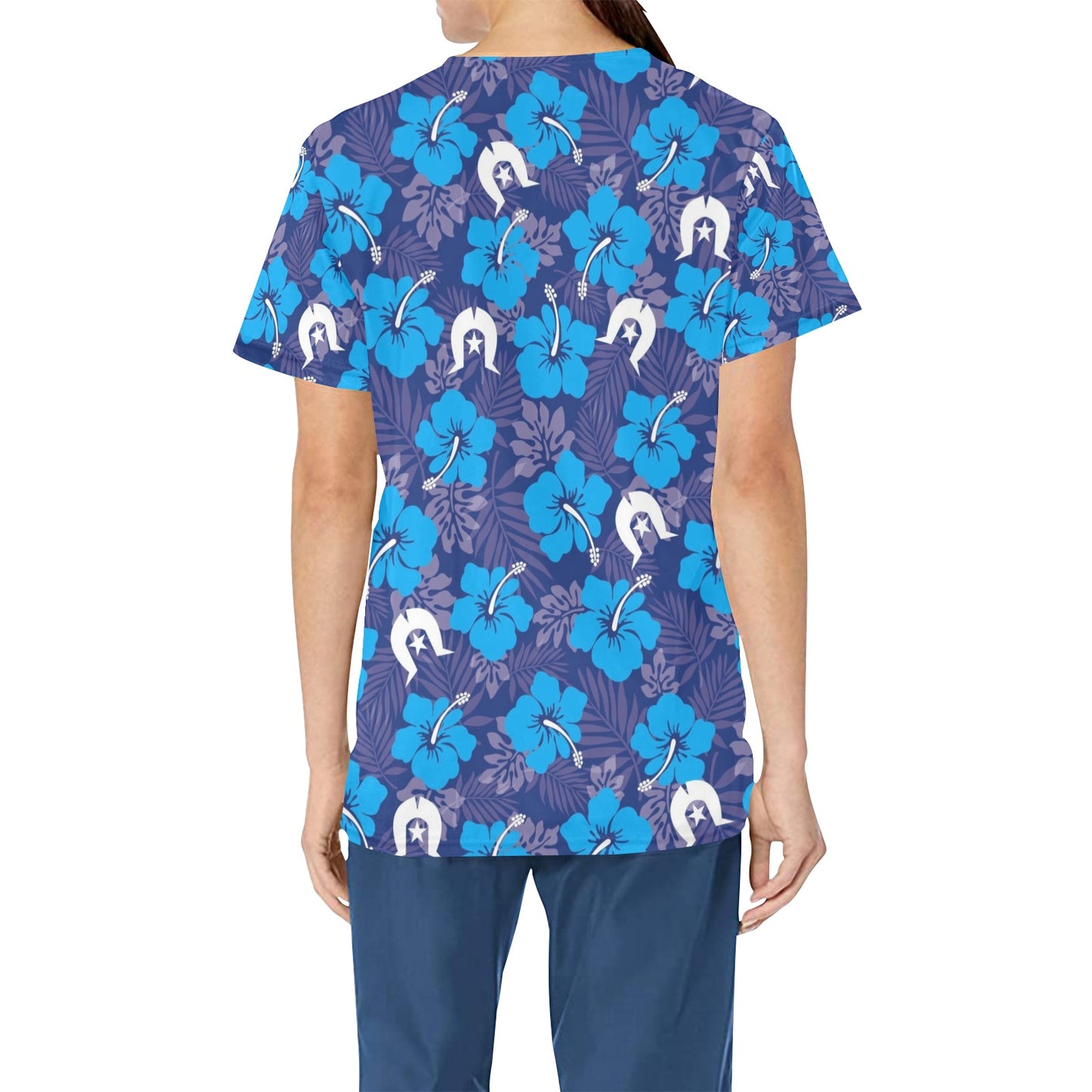 Hibiscus flowers with Dhari (Royal blue) on Unisex Scrub Top