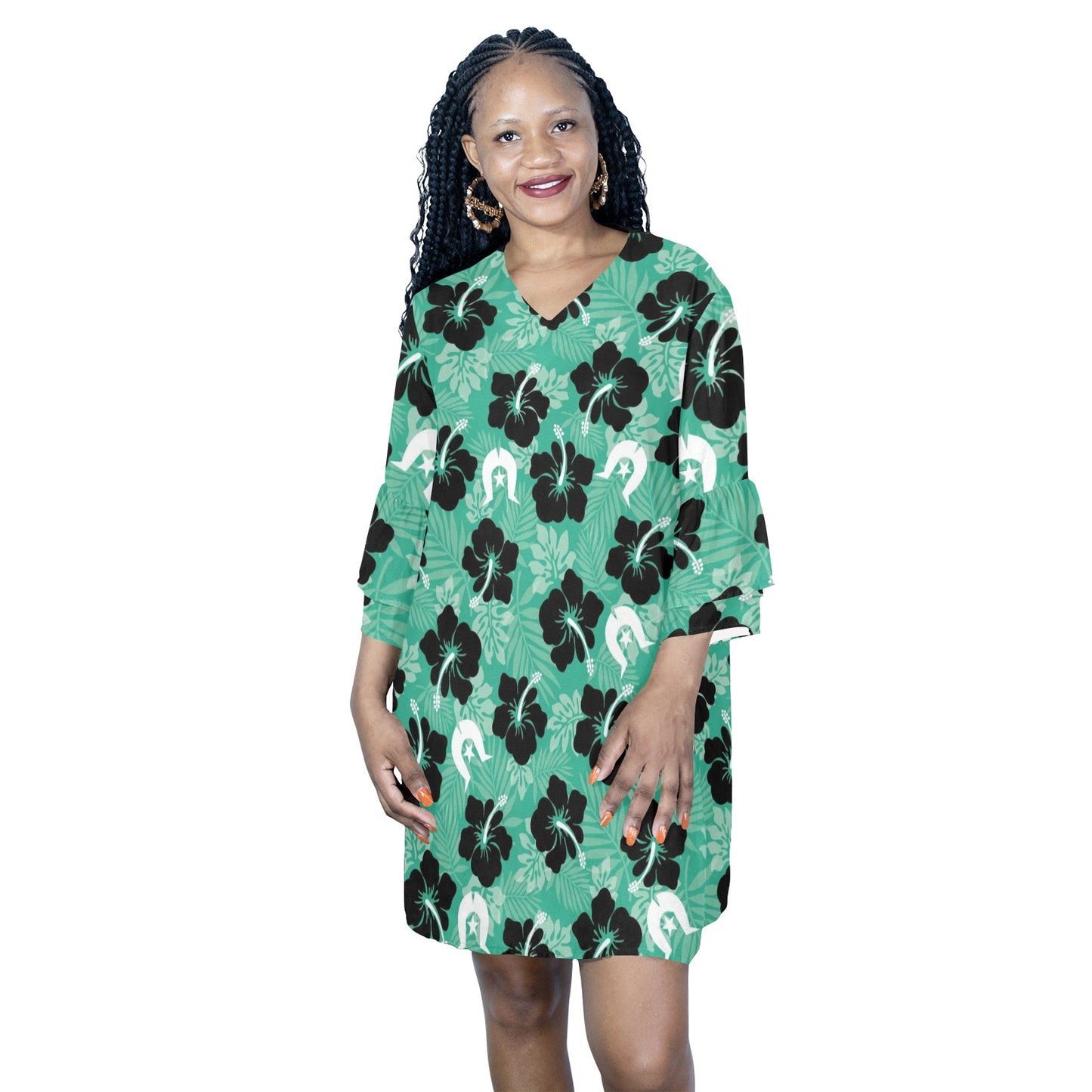 Black Hibiscus with White Dhari on Half Sleeves V-Neck Mini Dress