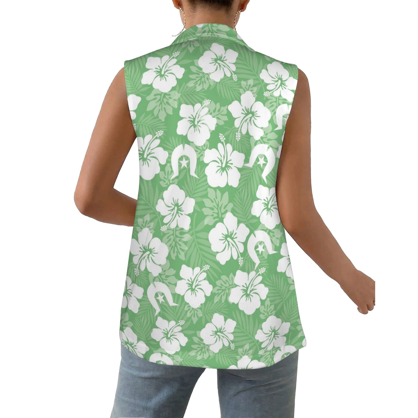 White Hibiscus flowers with Dhari (Green) on Women Sleeveless Suit Vest
