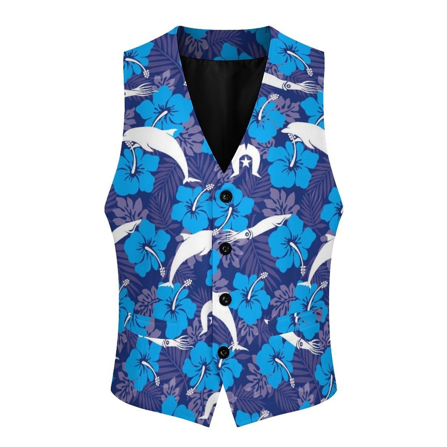 Hibiscus flowers with Dolphin, Squid and Dhari (Royal blue) on Men's Sleeveless Suit Vest