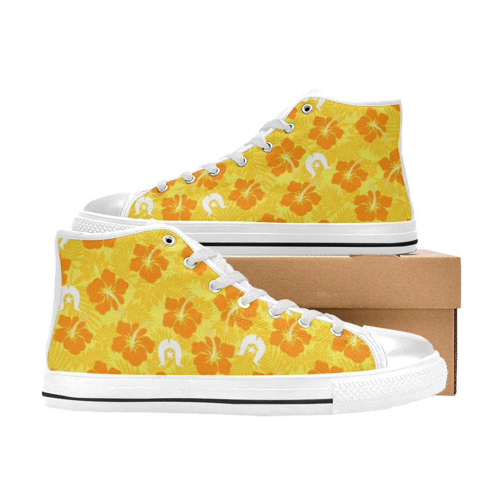 Hibiscus flowers with Dhari (Gold) on Women's High Top Canvas Shoes
