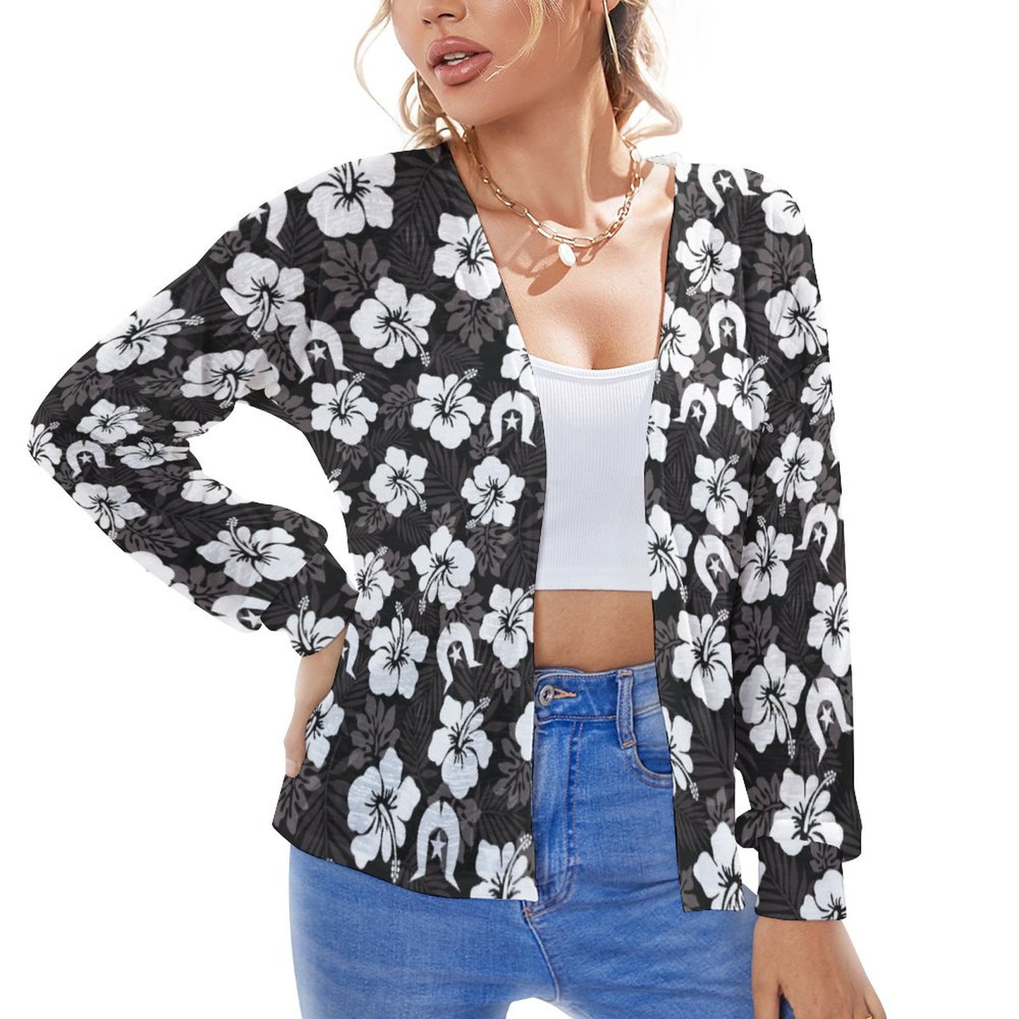 White Hibiscus and Dhari (Black) on Long Sleeve Drop Shoulder Open Shirt