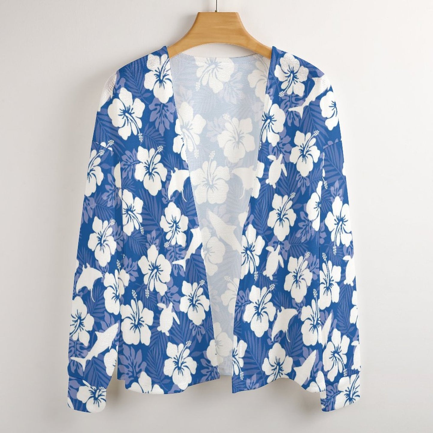 White hibiscus flowers with Dhari, Shark, turtle, and stingray on Long Sleeve Drop Shoulder Open Shirt
