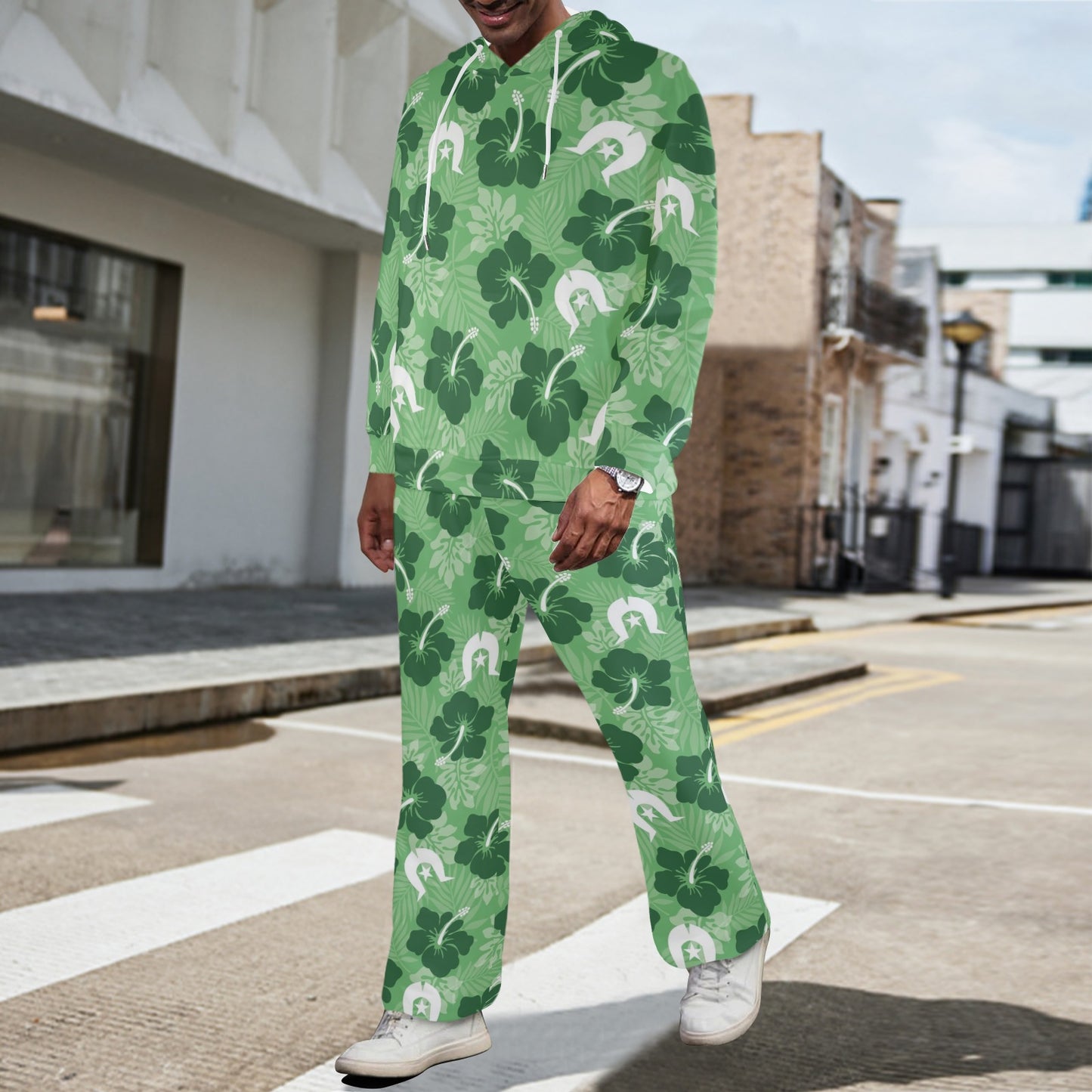 Hibiscus flowers with Dhari (Sea Grass Green) on Men's Streetwear Oversized Flared Tracksuit
