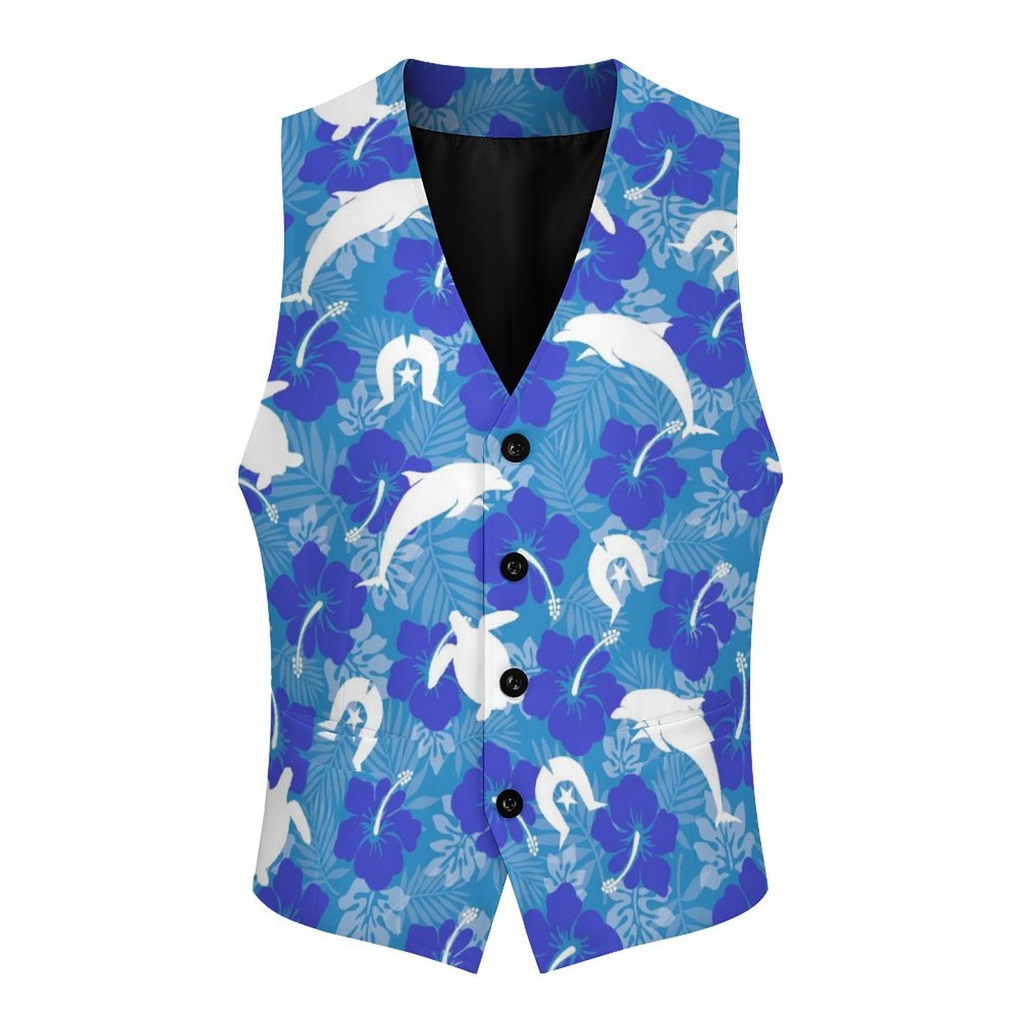 White Hibiscus flowers with Dolphin, Turtle and Dhari (Royal blue) on Men's Sleeveless Suit Vest